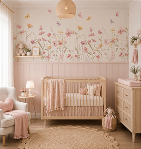Papel de Parede Personalizado Infantil Aquarela Jardim com Borboletas