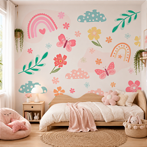 Papel de Parede Personalizado Quarto Infantil Grandes Borboletas Flores e Arco Íris