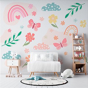 Papel de Parede Infantil Personalizado Grandes Borboletas Flores e Arco Íris