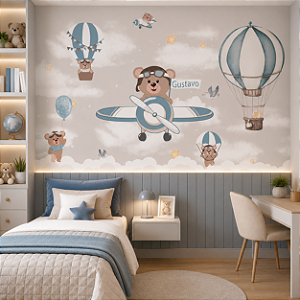 Papel de Parede Infantil Personalizado Ursinho Aviador - Nome Personalizado