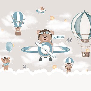 Papel de Parede Infantil Personalizado Ursinho Aviador - Nome Personalizado