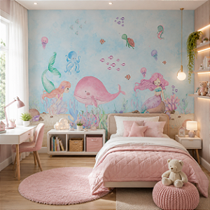 Papel de Parede Personalizado Infantil Aquarela Sereia Rosa Fundo do Mar