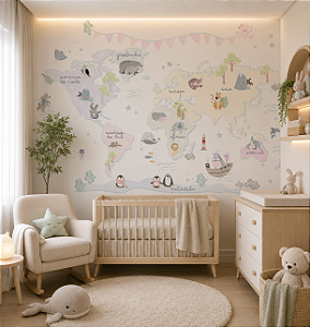 Papel de Parede Quarto Personalizado Infantil Mapa Mundi Cute - Candy Color