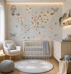 Papel de Parede Personalizado Infantil Mapa Mundi Animais e Turismo - Educativo e Lúdico