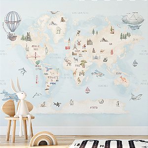 Papel de parede infantil personalizado Mapa Mundi Animais e Turismo - Educativo e Lúdico