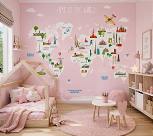 Papel de Parede Personalizado Infantil Mapa Mundi Viagem pelo Mundo Rosa