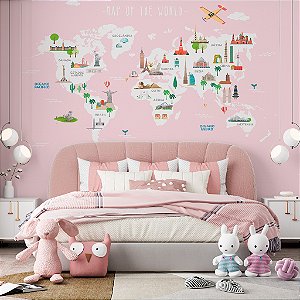 Papel de parede infantil personalizado Mapa Mundi Viagem pelo Mundo Rosa