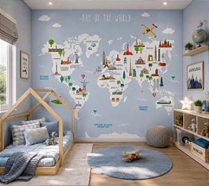 Papel de Parede Personalizado Infantil Mapa Mundi Viagem pelo Mundo Azul