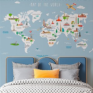 Papel de parede infantil personalizado Mapa Mundi Viagem pelo Mundo Azul