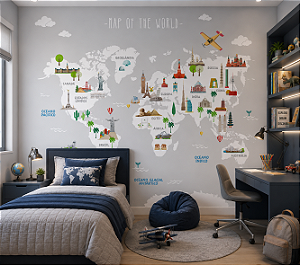 Papel de Parede Personalizado Infantil Mapa Mundi Viagem pelo Mundo Cinza