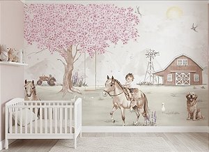 Papel de Parede Infantil Personalizado Non Woven Fazendinha com cavalos e cães