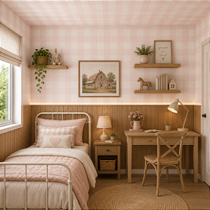 Papel de Parede Infantil Personalizado Xadrez Com Efeito Linho Rosa- Linho Diversas Cores