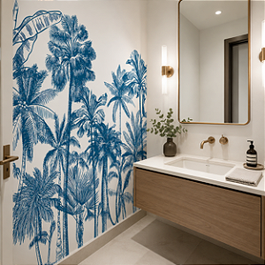 Papel de Parede Personalizado Palm Trees Monocromática Azul Sob Medida