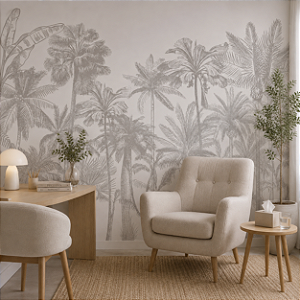 Papel de Parede Linho Personalizado Palm Trees Monocromática Cinza Sob Medida