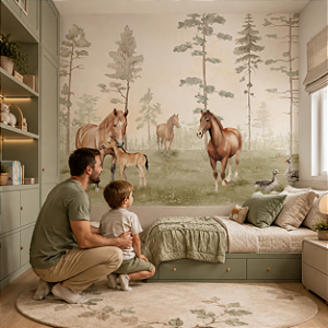 Papel de Parede Infantil Personalizado Quarto Cavalos ao Campo Sob Medida