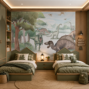 Papel de Parede Infantil Personalizado Quarto Dinossauros em Ação Sob Medida