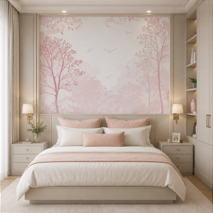 Papel de Parede Personalizado Floresta dos Pássaros Rosa Sob Medida