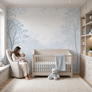 Papel de Parede Personalizado Quarto Infantil Menino Floresta dos Pássaros Azul Sob Medida