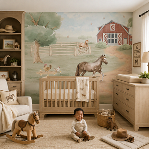 Papel de Parede Infantil Personalizado Quarto Fazendinha Cavalos Sob Medida