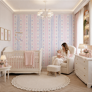 Papel de Parede Personalizado Infantil Babados e Tulipas Rosa e Azul Sob Medida