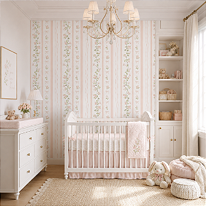 Papel de Parede Personalizado Infantil Floral Delicado Listrado Bege Sob Medida