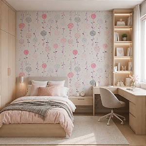 Papel de Parede Personalizado Infantil Flores Abstratas Rosa Sob Medida