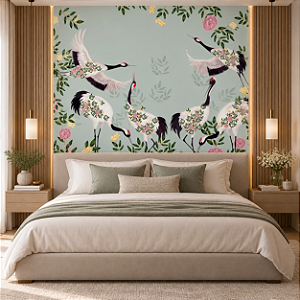 Papel de Parede Personalizado Cisnes e Flores Verde Sob Medida