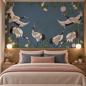 Papel de Parede Personalizado Cisne e Flores Azul Sob Medida