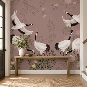 Papel de Parede Personalizado Cisnes e Flores Rosê Envelhecido Sob Medida