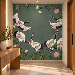 Papel de Parede Personalizado Cisnes e Flores Verde Forte Sob Medida