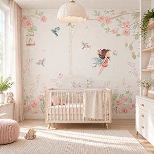 Papel de Parede Infantil Personalizado Jardim Fada e Borboletas Sob Medida