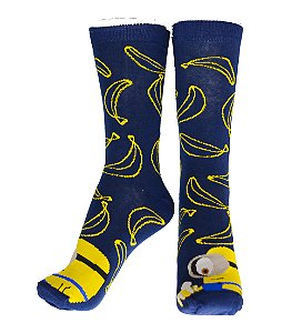 Meia azul escuro minion e bananas desenhadas