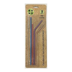 Kit Com 4 Canudos Colors Ecológicos e Reutilizáveis Em Inox com Escova