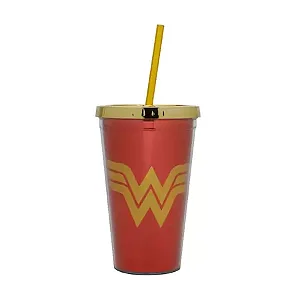 Copo com Canudo Wb DC Or WW Shinny Logo Vermelho e Amarelo 500 Ml