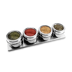 Jogo De Porta Condimentos 4 Potes De Aço Inox Com Suporte Imantado KH5976