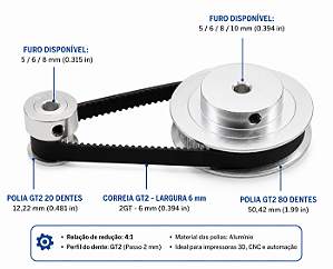 Kit Polias GT2 20D x 80D Redução 4:1 com Correia GT2 300mm x 6mm | Diversos Furos