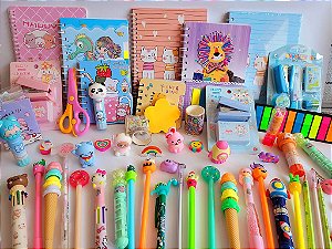 Kit Papelaria Fofa Presente Criativo 20 itens Escolar infantil Divertido Marca-texto Bloquinhos