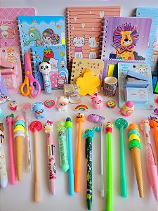 kit Papelaria Fofa Presente Criativo 12 itens Escolar infantil Divertido Marca-texto Bloquinhos