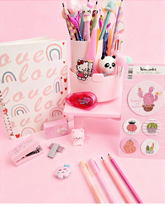 Kit Caixa Papelaria Kawaii Diversos Itens Criativo Fofos Caderno Borracha Caneta