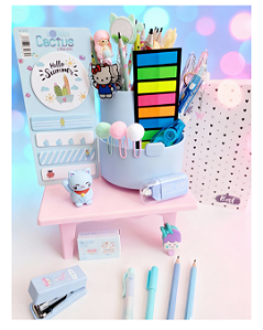 Kit Caixa Papelaria Kawaii Diversos Itens Criativo Fofos Caderno Borracha Caneta