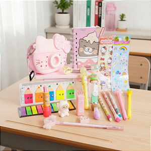 Kit Papelaria Fofa Presente kawai Criativo 20 itens Escolar infantil Divertido Marca texto Bloquinhos