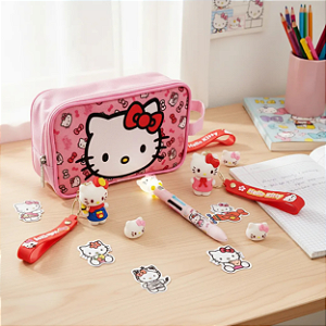 Lançamento 2026 Kit Papelaria Hello Kitty Com Estojo E Caneta Adesivo Fofo