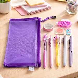Kit Papelaria Escolar Roxo Com Estojo Canetas E Adesivos