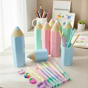 Kit Papelaria Escolar Estojo Lápis Borracha Adesivos Azul