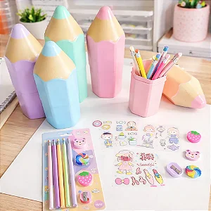 Kit Papelaria Escolar Estojo Lápis Borracha Adesivos Azul