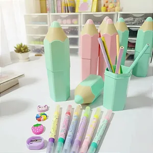 Kit Papelaria Fofo Estojo Lápis Gigante Lapis Borracha Verde