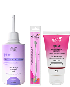 Kit 03 Amolecedor de Cutículas + Creme para Mãos + Espátula ponta Dupla