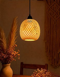 Luminária de Teto Lustre Pendente Bambu Luzza Maya 18 Fio Preto