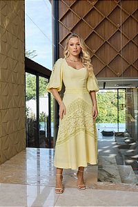 Vestido Midi em Liocel e Renda Guipir
