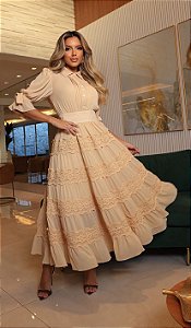 Vestido Midi Chiffon Com Faixa Cintura bege